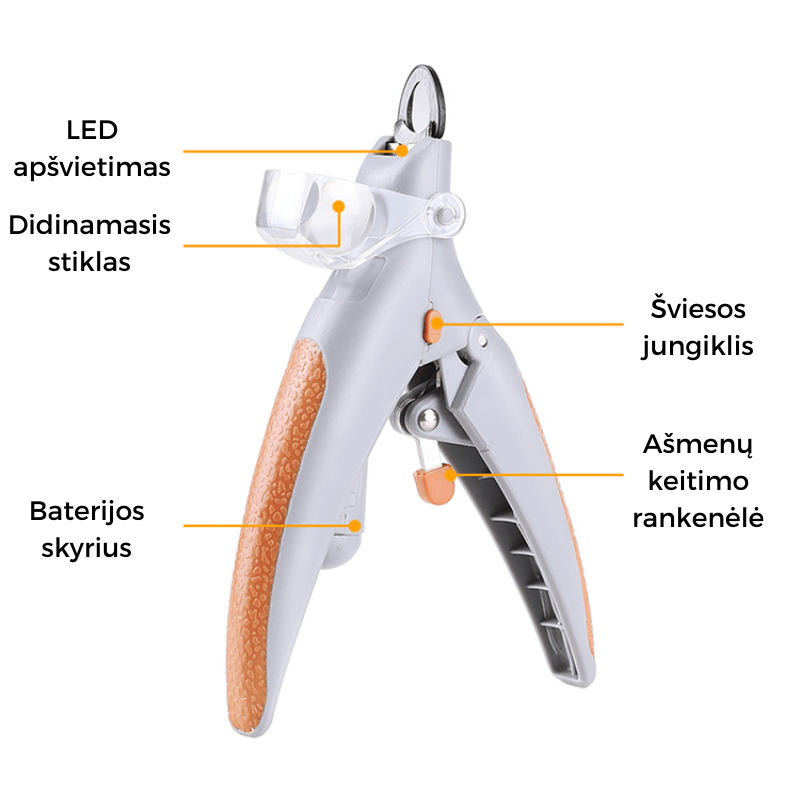 Saugios gyvūnų nagų žirklės su gyvuonies apšvietimu